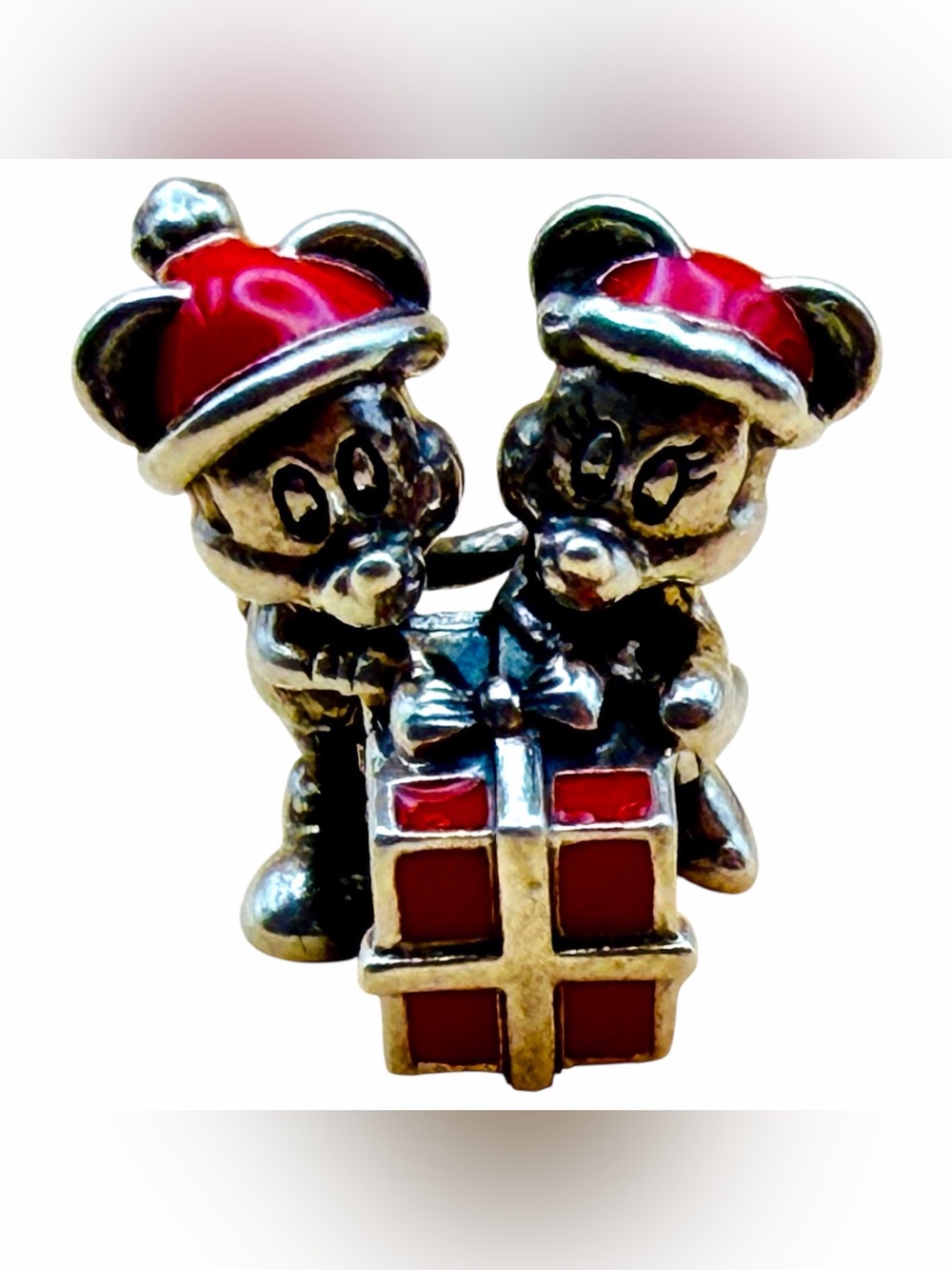Pandora Disney Colab 925-ALE Silver Mickey & Minnie Enamel Holiday Present Charm
